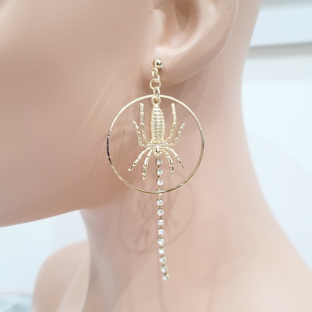 Brand New Gold Tone Spider Rhinestone Dangle Earrings